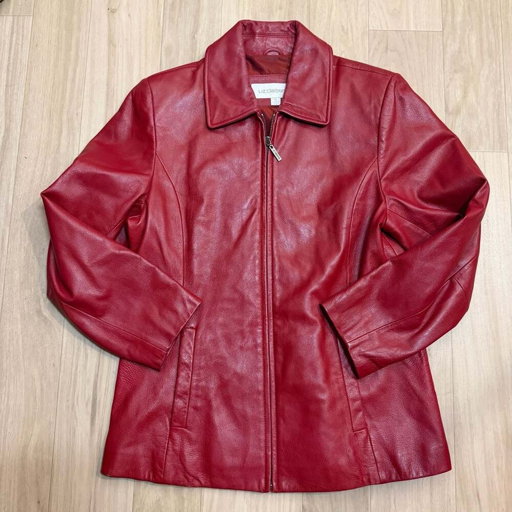 Liz Claiborne Y2K Red Genuine Leather Jacket Size Medium Vintage Moto